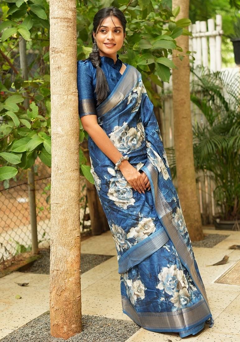 Mirchi fashion women's blue floral printed cotton silk,silk blend saree with unstitched blouse piece