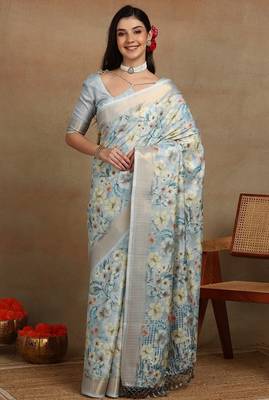 Mirchi fashion women's teal floral printed cotton silk,silk blend saree with unstitched blouse piece 1
