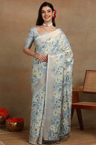 Mirchi fashion women's teal floral printed cotton silk,silk blend saree with unstitched blouse piece
