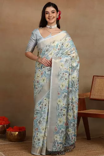 Mirchi fashion women's teal floral printed cotton silk,silk blend saree with unstitched blouse piece