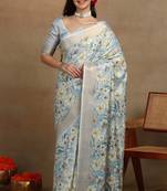 Mirchi fashion women's teal floral printed cotton silk,silk blend saree with unstitched blouse piece
