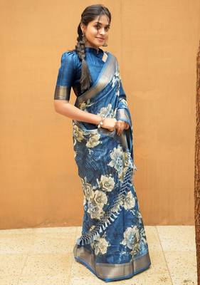 Mirchi fashion women's blue floral printed cotton silk,silk blend saree with unstitched blouse piece 3