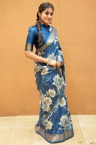 Mirchi fashion women's blue floral printed cotton silk,silk blend saree with unstitched blouse piece