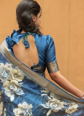 Mirchi fashion women's blue floral printed cotton silk,silk blend saree with unstitched blouse piece 4