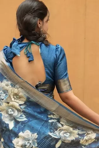 Mirchi fashion women's blue floral printed cotton silk,silk blend saree with unstitched blouse piece