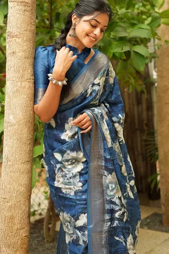 Mirchi fashion women's blue floral printed cotton silk,silk blend saree with unstitched blouse piece