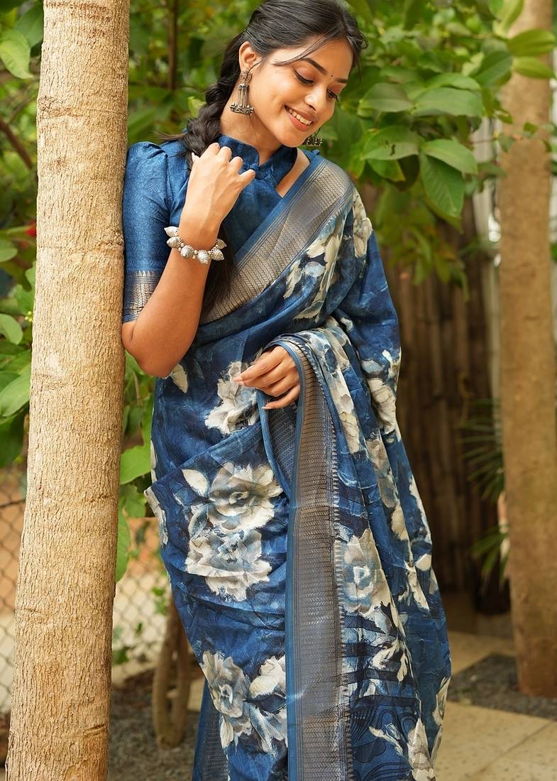 Mirchi fashion women's blue floral printed cotton silk,silk blend saree with unstitched blouse piece