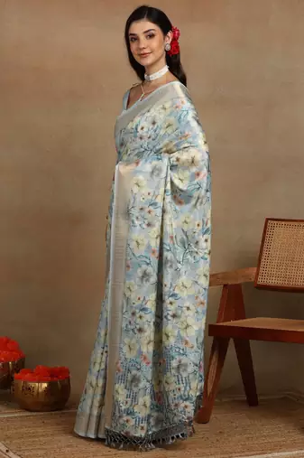 Mirchi fashion women's teal floral printed cotton silk,silk blend saree with unstitched blouse piece