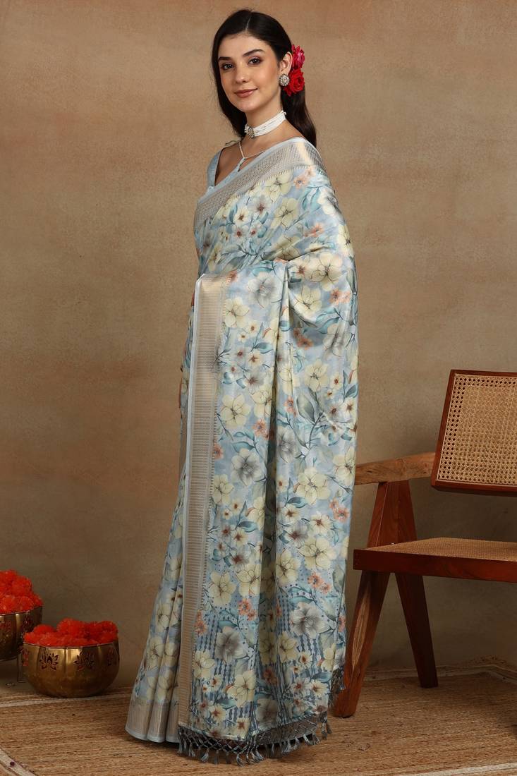 Mirchi fashion women's teal floral printed cotton silk,silk blend saree with unstitched blouse piece