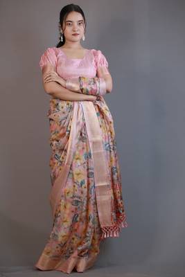 Mirchi fashion women's pink floral printed cotton silk,silk blend saree with unstitched blouse piece 1