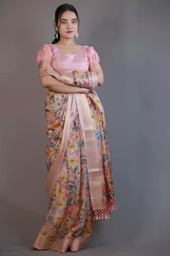 Mirchi fashion women's pink floral printed cotton silk,silk blend saree with unstitched blouse piece