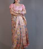 Mirchi fashion women's pink floral printed cotton silk,silk blend saree with unstitched blouse piece