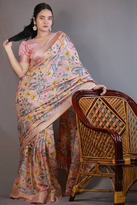 Mirchi fashion women's pink floral printed cotton silk,silk blend saree with unstitched blouse piece 2