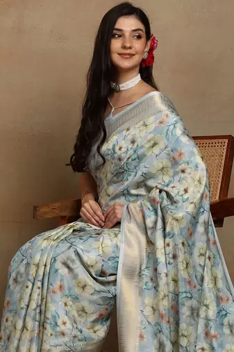 Mirchi fashion women's teal floral printed cotton silk,silk blend saree with unstitched blouse piece