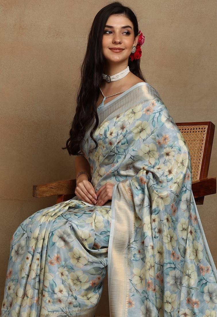 Mirchi fashion women's teal floral printed cotton silk,silk blend saree with unstitched blouse piece