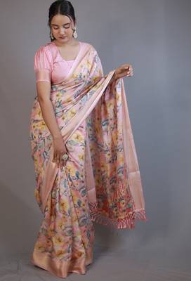 Mirchi fashion women's pink floral printed cotton silk,silk blend saree with unstitched blouse piece 3