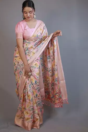 Mirchi fashion women's pink floral printed cotton silk,silk blend saree with unstitched blouse piece