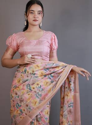 Mirchi fashion women's pink floral printed cotton silk,silk blend saree with unstitched blouse piece 5