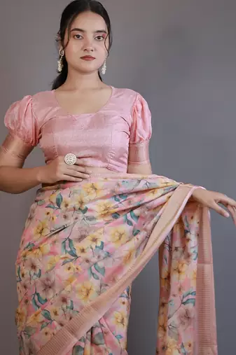 Mirchi fashion women's pink floral printed cotton silk,silk blend saree with unstitched blouse piece