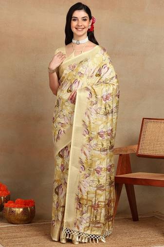 Mirchi fashion women's yellow floral printed cotton silk,silk blend saree with unstitched blouse piece