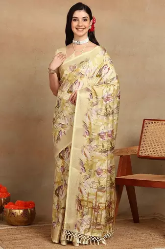 Mirchi fashion women's yellow floral printed cotton silk,silk blend saree with unstitched blouse piece