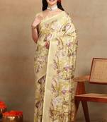 Mirchi fashion women's yellow floral printed cotton silk,silk blend saree with unstitched blouse piece