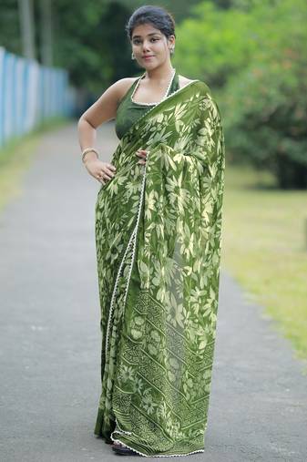 Mirchi fashion women's green floral printed chiffon saree with unstitched blouse piece