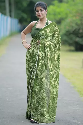 Mirchi fashion women's green floral printed chiffon saree with unstitched blouse piece