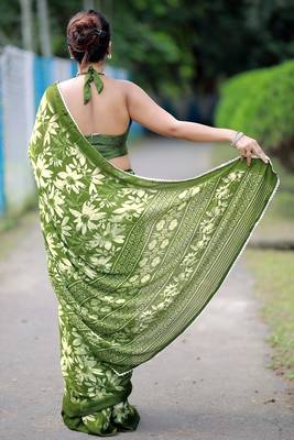 Mirchi fashion women's green floral printed chiffon saree with unstitched blouse piece 2