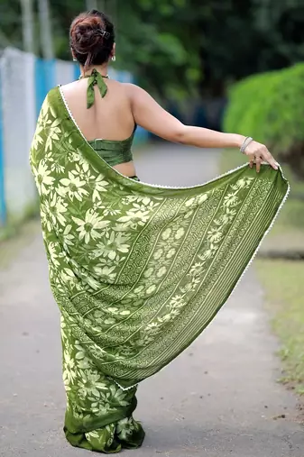 Mirchi fashion women's green floral printed chiffon saree with unstitched blouse piece
