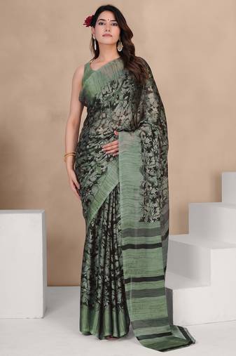 Mirchi fashion women's black floral printed chiffon saree with unstitched blouse piece