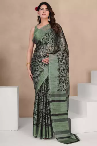 Mirchi fashion women's black floral printed chiffon saree with unstitched blouse piece