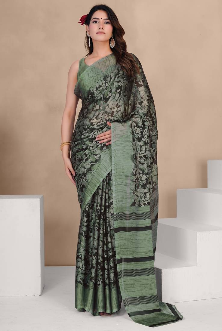 Mirchi fashion women's black floral printed chiffon saree with unstitched blouse piece