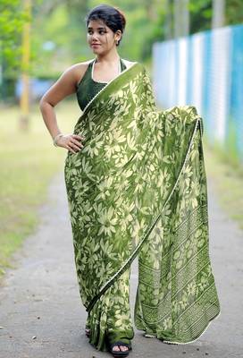 Mirchi fashion women's green floral printed chiffon saree with unstitched blouse piece 3