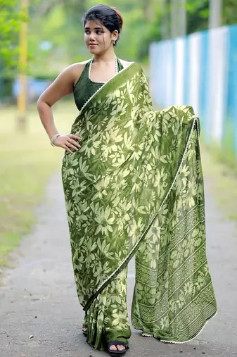 Mirchi fashion women's green floral printed chiffon saree with unstitched blouse piece
