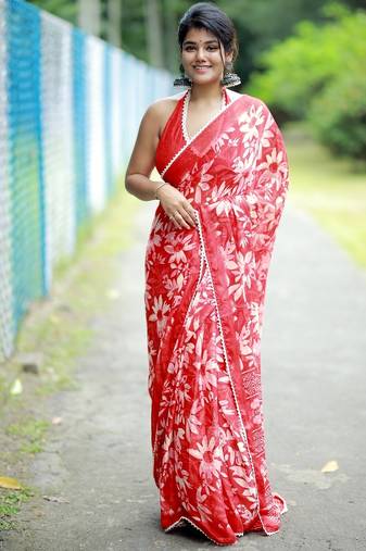 Mirchi fashion women's coral red floral printed chiffon saree with unstitched blouse piece
