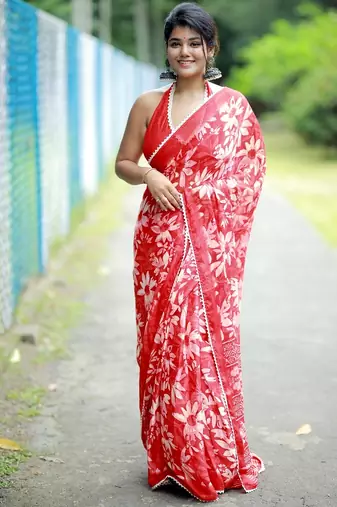 Mirchi fashion women's coral red floral printed chiffon saree with unstitched blouse piece