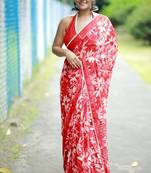 Mirchi fashion women's coral red floral printed chiffon saree with unstitched blouse piece