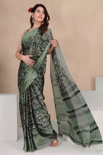 Mirchi fashion women's black floral printed chiffon saree with unstitched blouse piece