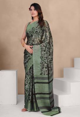 Mirchi fashion women's black floral printed chiffon saree with unstitched blouse piece 3