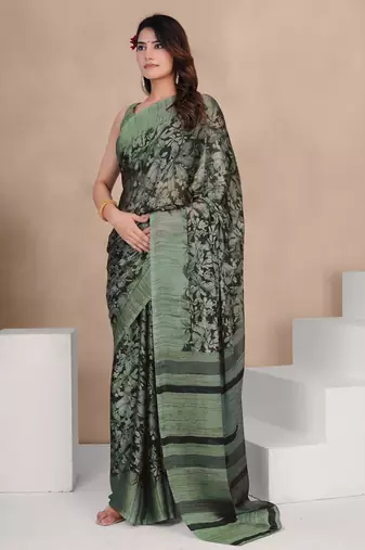 Mirchi fashion women's black floral printed chiffon saree with unstitched blouse piece