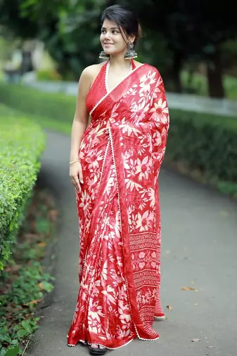 Mirchi fashion women's coral red floral printed chiffon saree with unstitched blouse piece