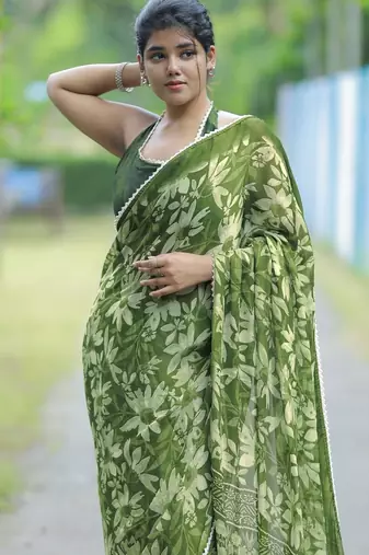 Mirchi fashion women's green floral printed chiffon saree with unstitched blouse piece