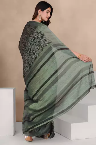 Mirchi fashion women's black floral printed chiffon saree with unstitched blouse piece