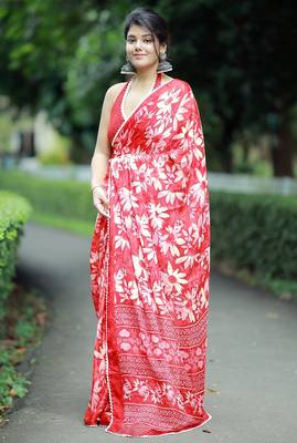 Mirchi fashion women's coral red floral printed chiffon saree with unstitched blouse piece 3