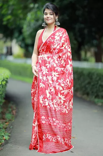 Mirchi fashion women's coral red floral printed chiffon saree with unstitched blouse piece