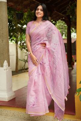 Mirchi fashion women's lavender floral printed cotton blend saree with unstitched blouse piece 1