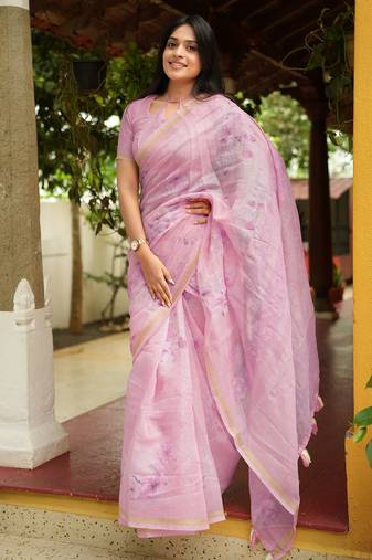 Mirchi fashion women's lavender floral printed cotton blend saree with unstitched blouse piece