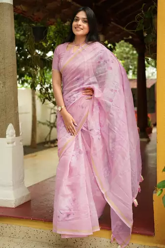 Mirchi fashion women's lavender floral printed cotton blend saree with unstitched blouse piece
