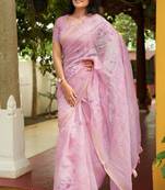 Mirchi fashion women's lavender floral printed cotton blend saree with unstitched blouse piece